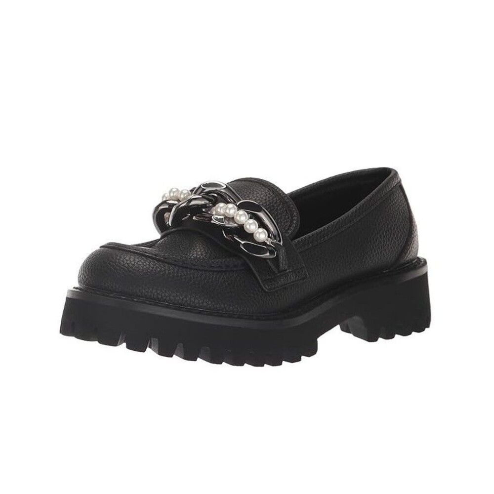 Karl Lagerfeld Womens 5 M Black Leather Gemsy Chain Slip On Loafers NEW HC5